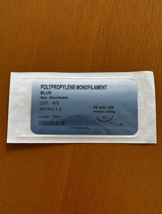 12er-Set Medizinisches Nahtmaterial -  Polypropylen Monofilament Blue, USP: 4/0, Metric: 1.5, 19mm 3/8 (Kopie)